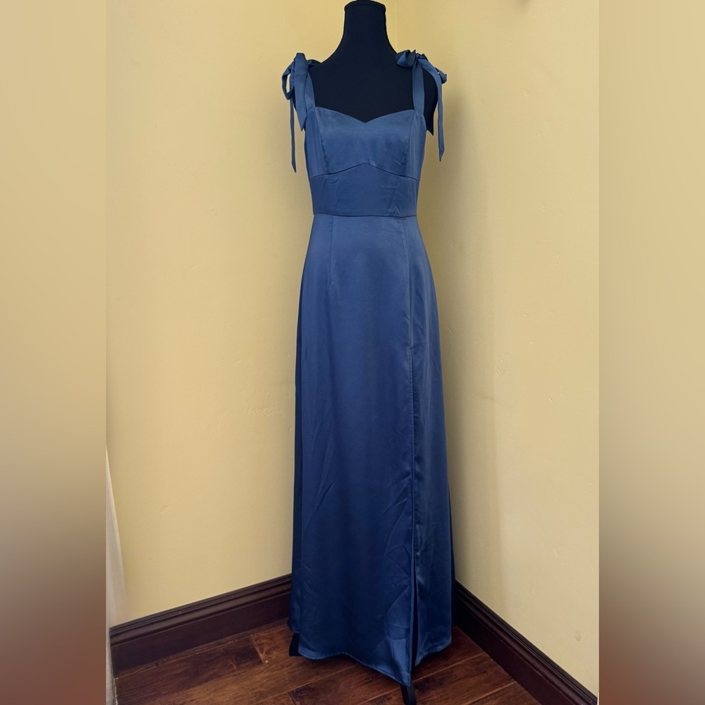 Lulus Effortless Sophistication Navy Blue Satin Tie-Strap Long Maxi Dress,Size S - Picture 6 of 16